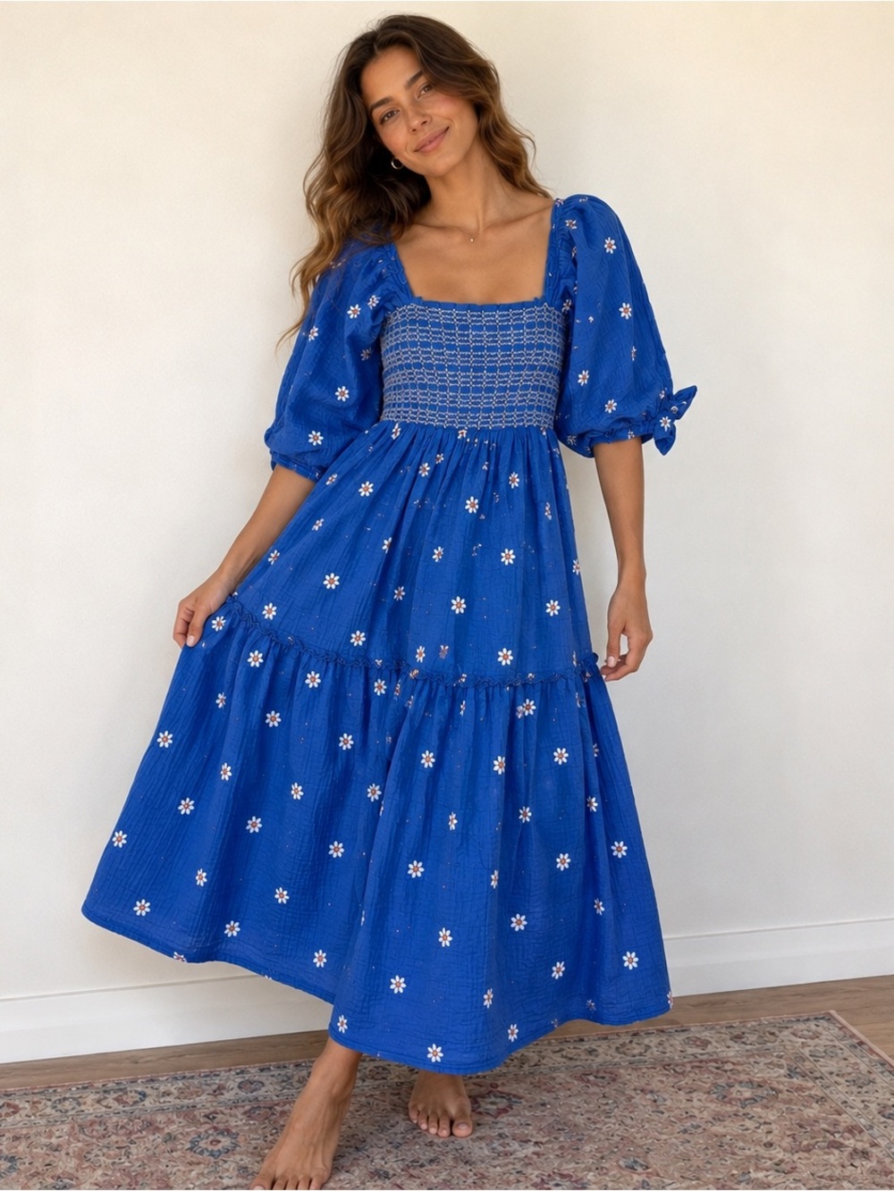 Square-Neck Blue Floral Tiered Midi Dress